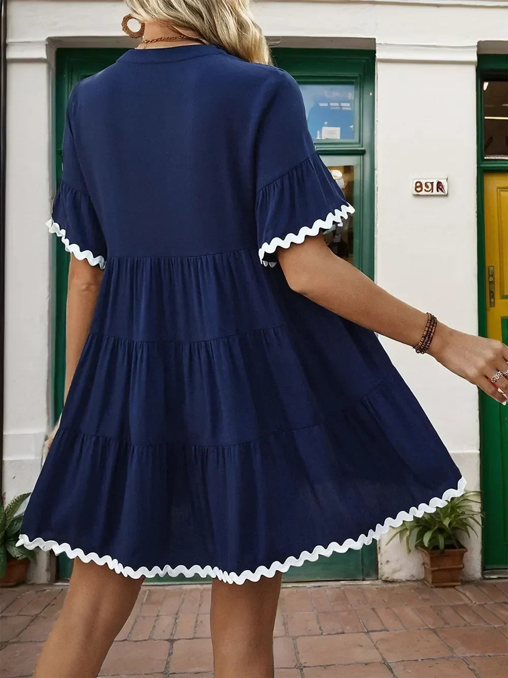 Notched Neck Button Placket Ric Rac Trim Ruffle Sleeve Tiered Mini Dress 2
