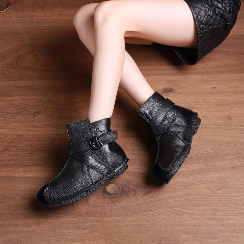 National Style Leather Short Boots For Women Buckle Decoration Green/Black/Brown