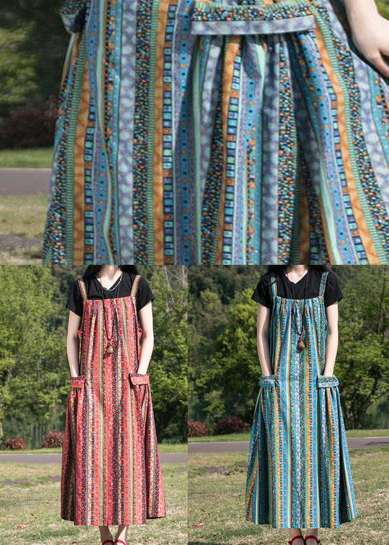 Folk Print Pocket Spaghetti Strap Oversized Maxi Pinafore Dress