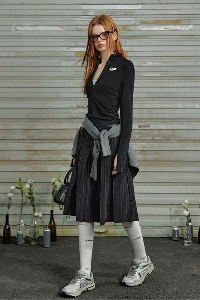 Striped Pleated Long Pencil Skirt