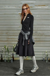 Striped Pleated Long Pencil Skirt