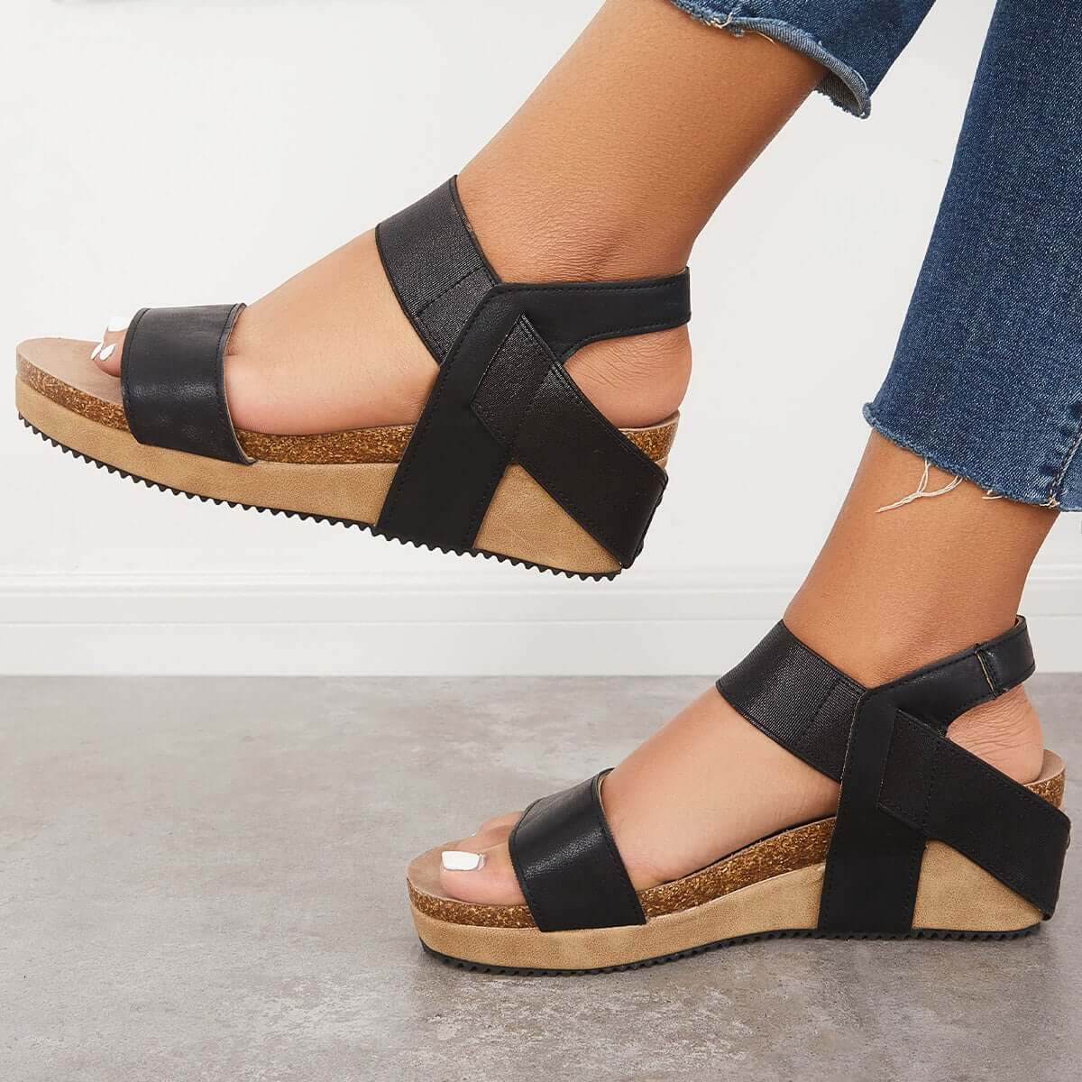 Open Toe Cork Footbed Platform Wedges Ankle Strap Sandals