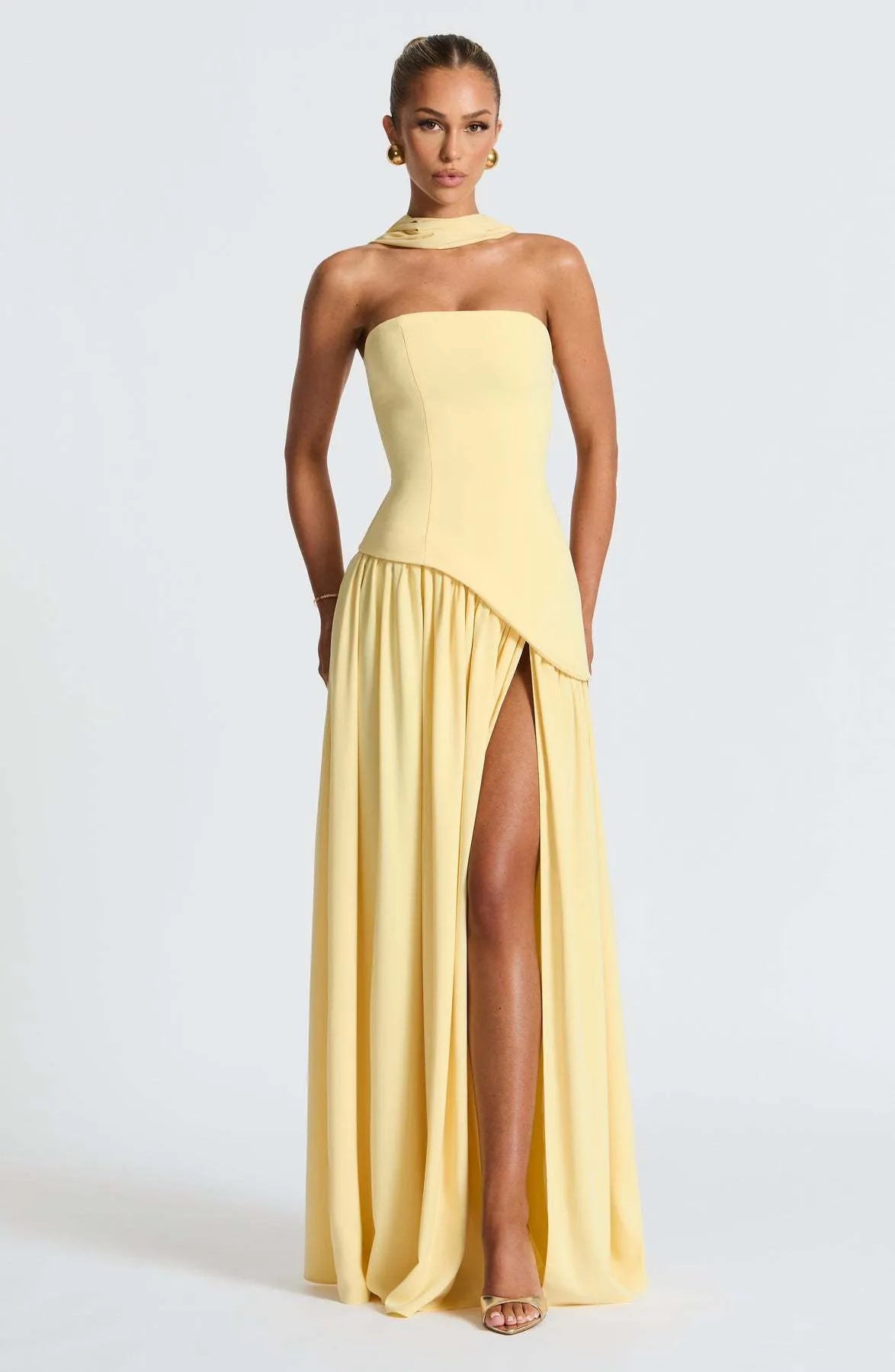 Strapless Asymmetric Drop Waist High Split Maxi Dress with Scarf 3