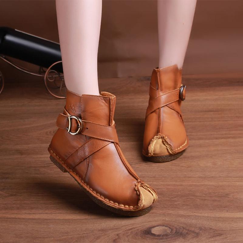 National Style Leather Short Boots For Women Buckle Decoration Green/Black/Brown