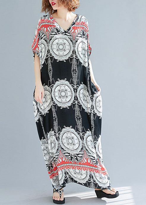Mandala Medallion Print V-Neck Batwing Sleeve Border Trim Oversized Maxi Dress