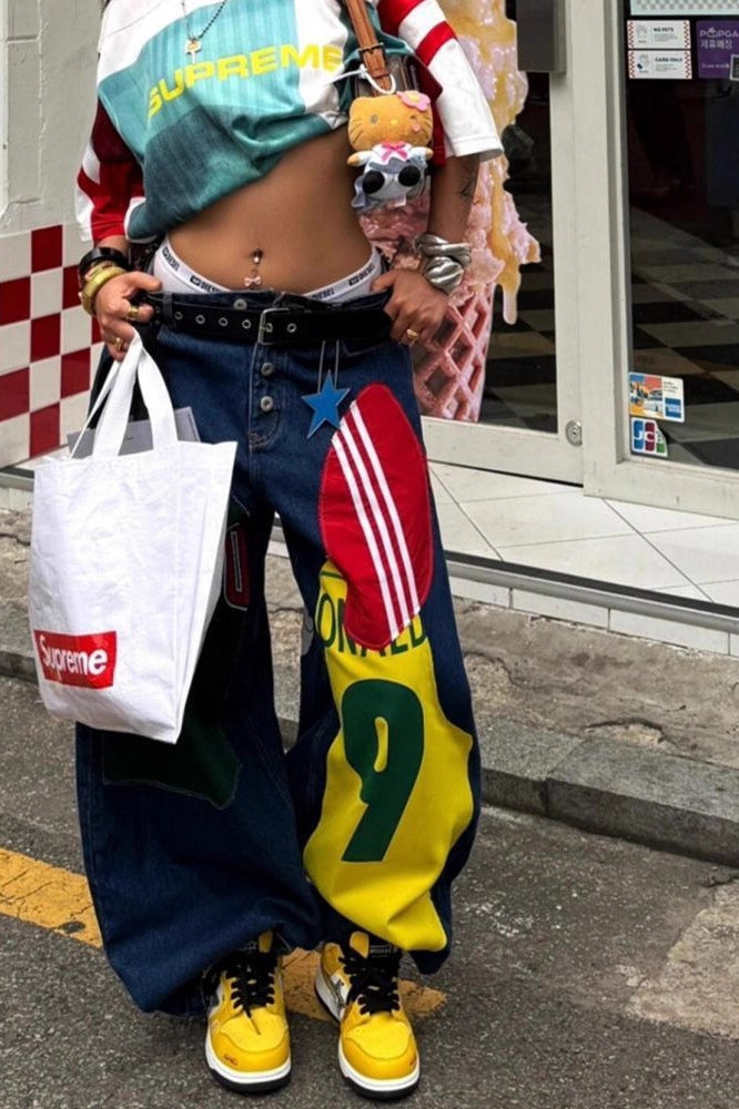 Jersey Graphic Patchwork Low Rise Baggy Wide Leg Denim Jeans 2