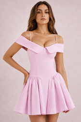 Off Shoulder Lapel Waist Cinch Ballet A Line Slip Dress