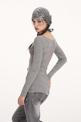 Sheer Lace Trim Long Sleeve Top