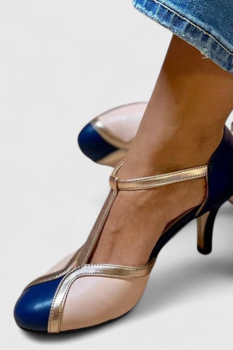 Round Toe T-Strap Contrast Cap Toe Stiletto Pumps