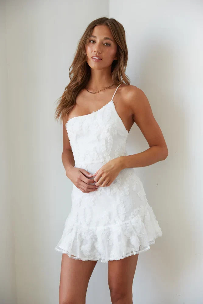 Floral Applique Lace One Shoulder Ruffle Hem Mini Dress