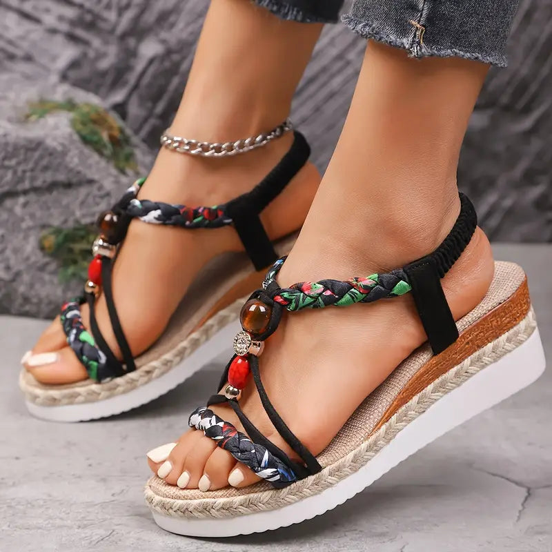 Beaded Braided Strap Espadrille Wedge Sandals