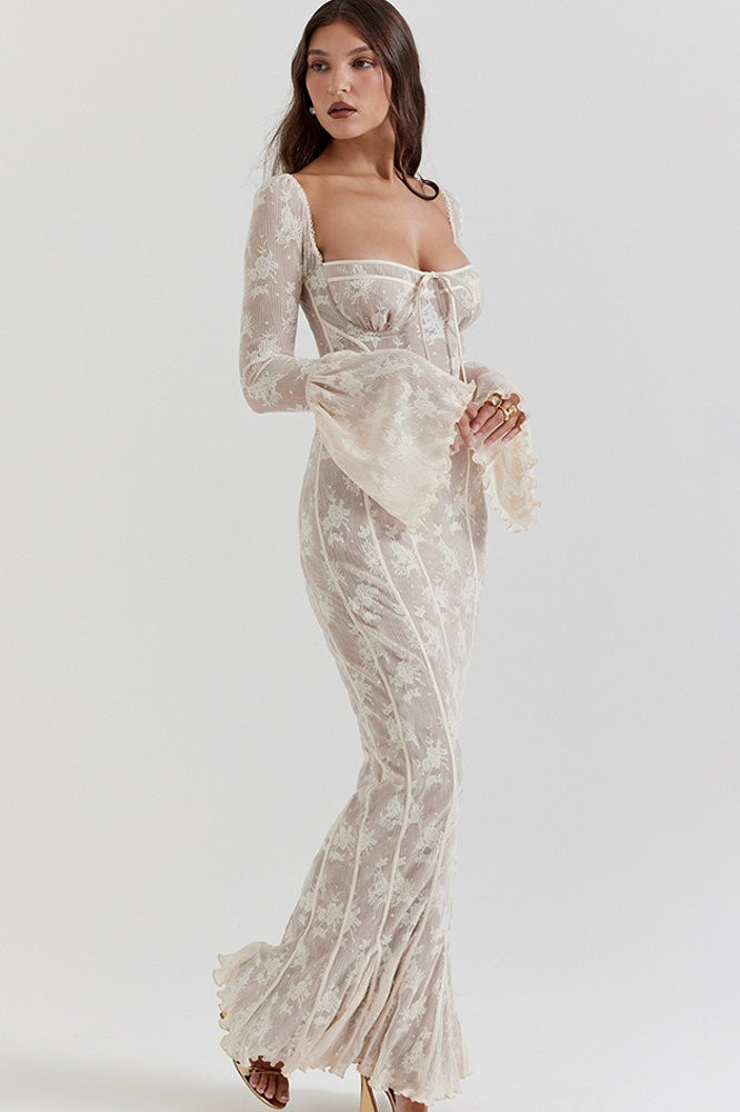 Strapless Lace Flared Backless Bodycon Maxi Lace Dress