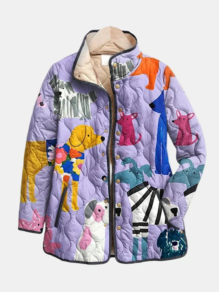 Animal Print Quilted Stand Collar Jacket