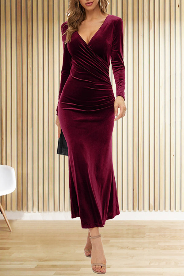 Solid Color Velvet Long Sleeve V-neck Slim Fit Fishtail Maxi Dress - View 3