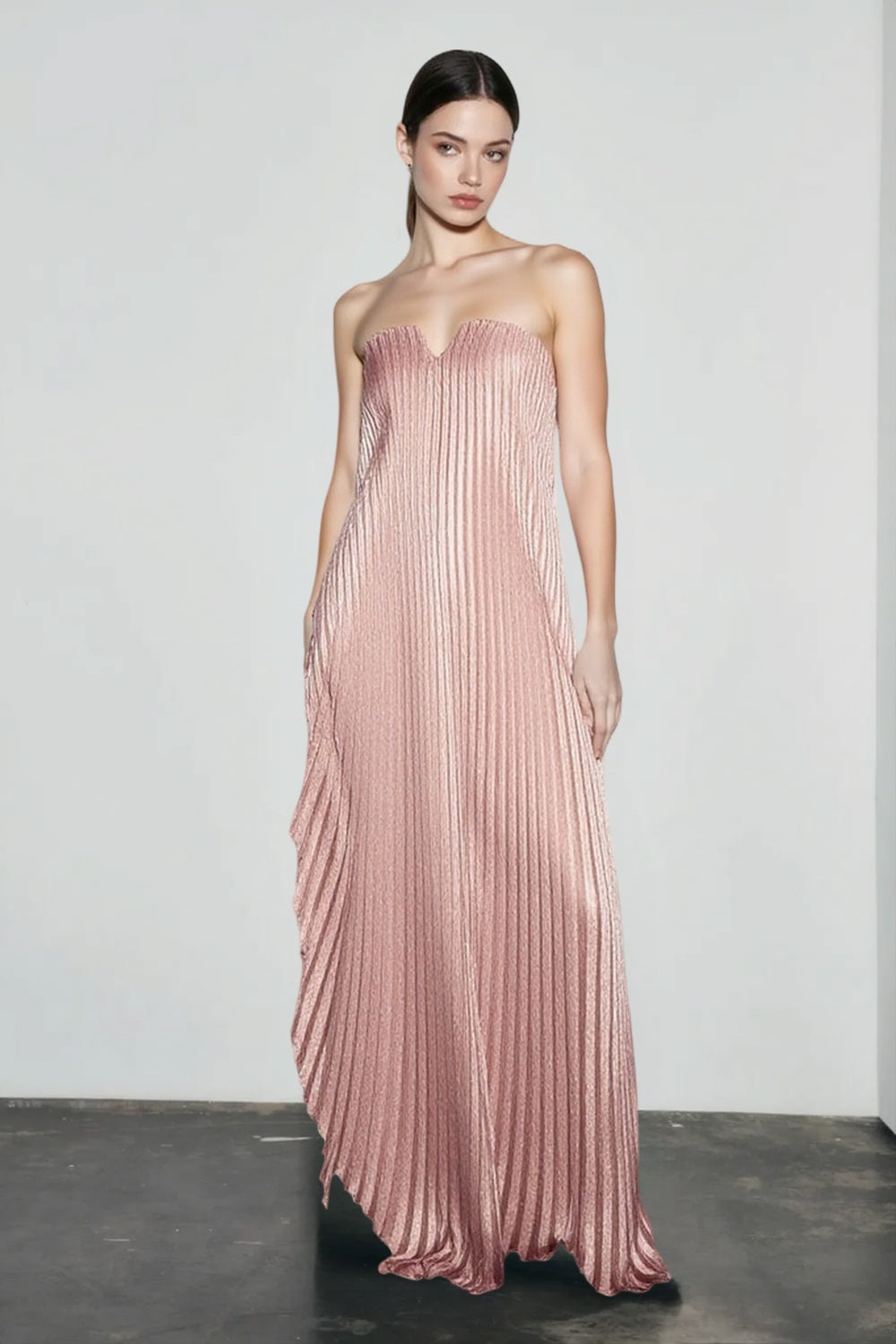 Strapless Notched Neck Metallic Pleated Draped Maxi Dress