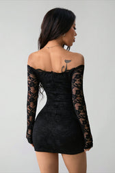 Off Shoulder Lace Long Sleeve Mini Dress