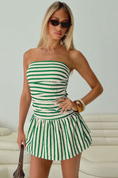 Striped Strapless Ruched Backless Mini Dress