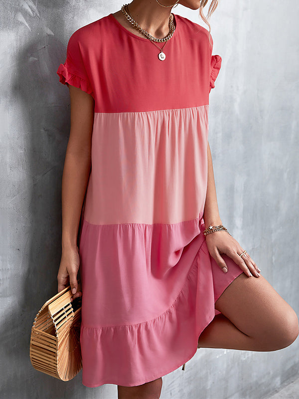 Round Neck Flutter Sleeve Tiered Babydoll Mini Dress 22