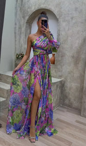 Floral Chiffon One Shoulder Puff Sleeve High Split Maxi Dress