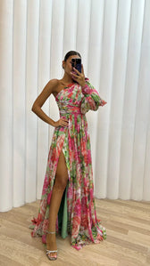 Floral Chiffon One Shoulder Puff Sleeve High Split Maxi Dress 3