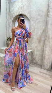 Floral Chiffon One Shoulder Puff Sleeve High Split Maxi Dress 6
