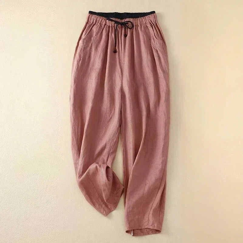 Drawstring High Waist Tapered Linen Look Pants