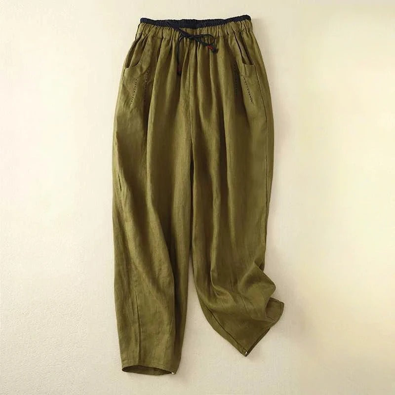 Drawstring High Waist Tapered Linen Look Pants