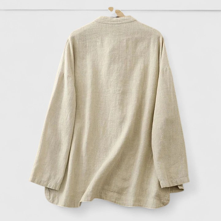 Linen Look Band Collar Button Front Shirt