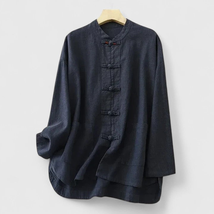 Linen Look Band Collar Button Front Shirt