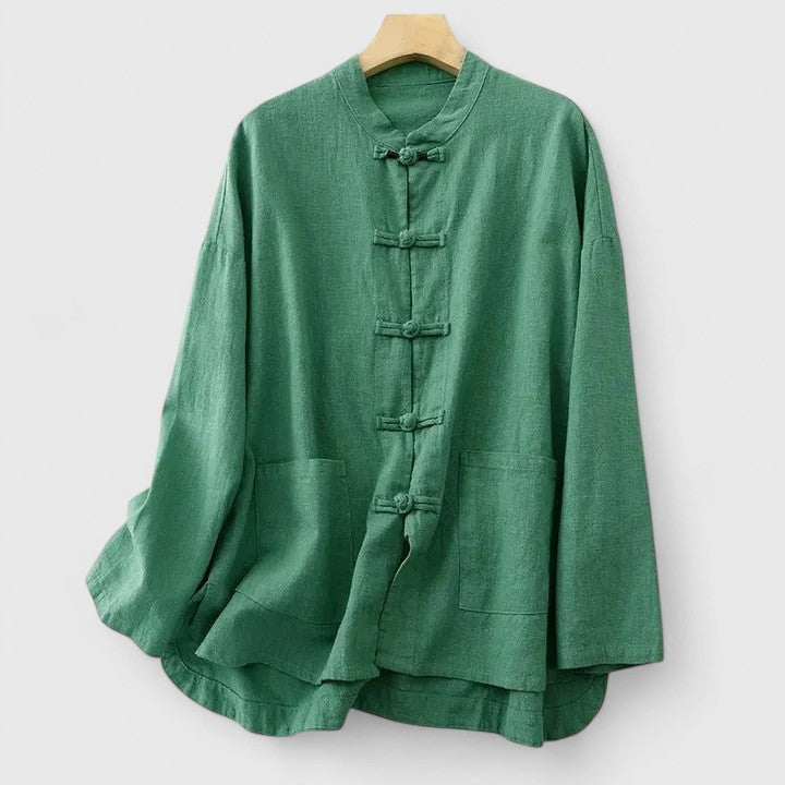 Linen Look Band Collar Button Front Shirt