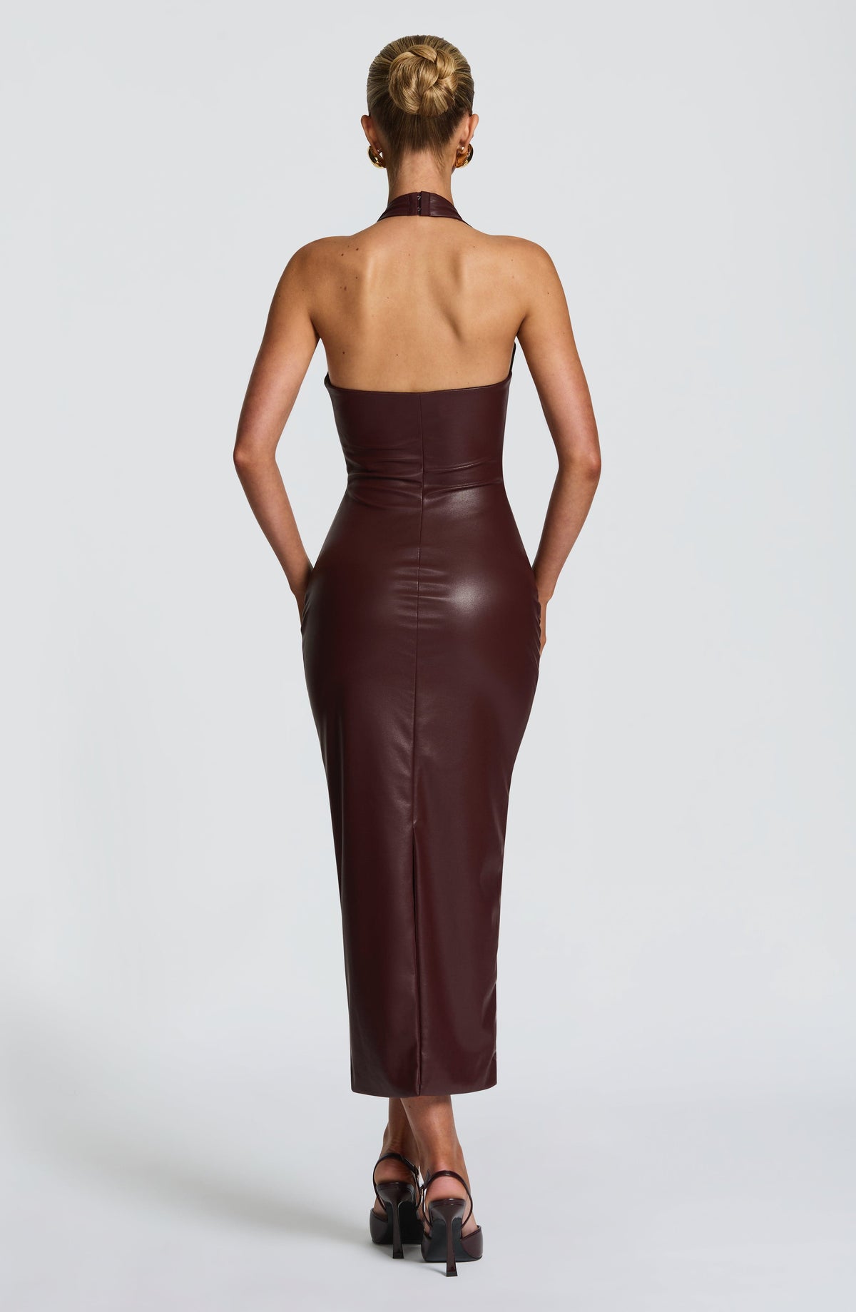 Faux Leather Halter Plunge Neck Bodycon Midi Dress 3