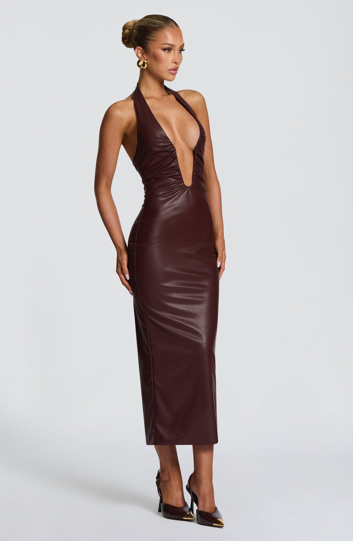 Faux Leather Halter Plunge Neck Bodycon Midi Dress 4