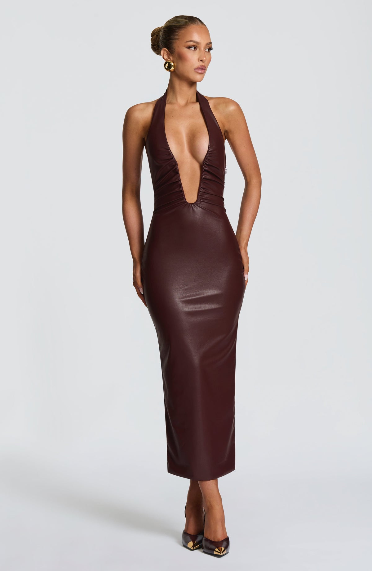 Faux Leather Halter Plunge Neck Bodycon Midi Dress 2