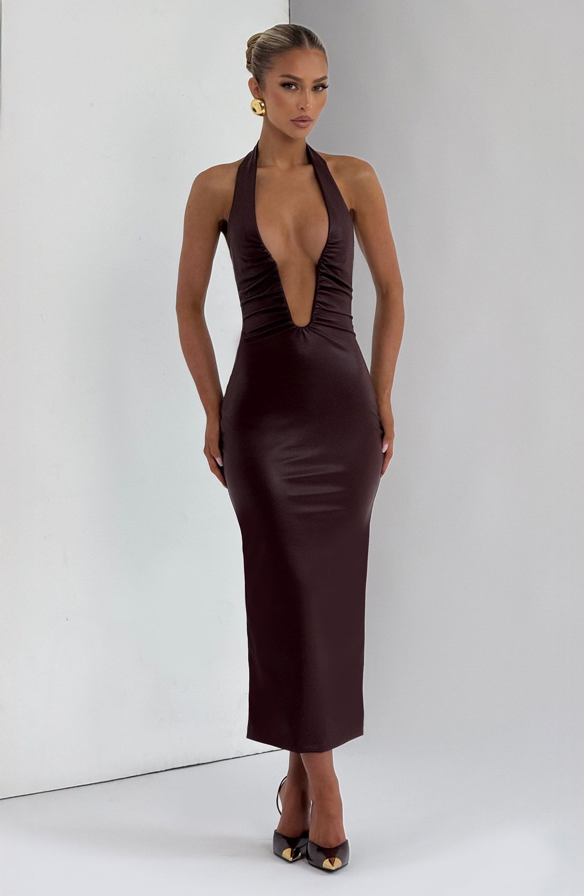 Faux Leather Halter Plunge Neck Bodycon Midi Dress 6