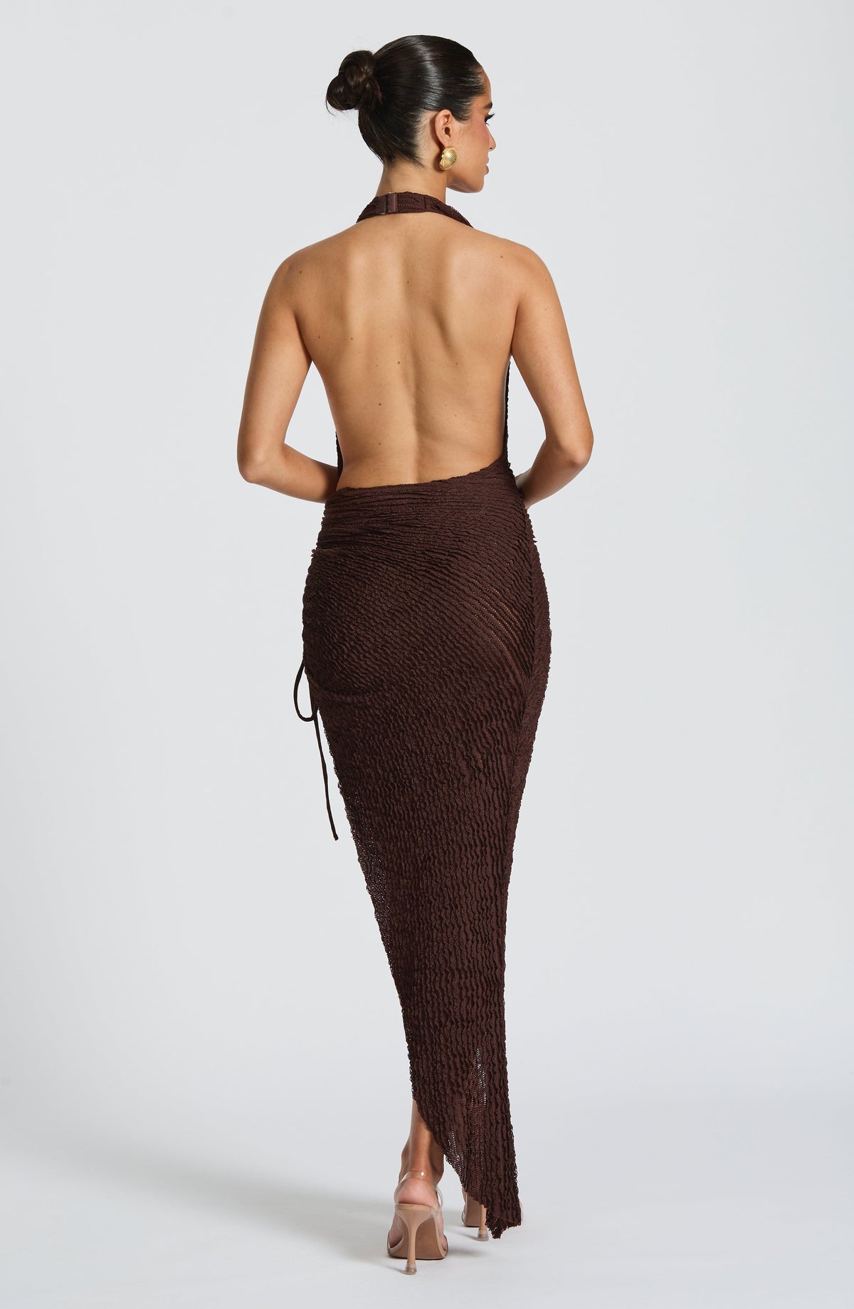 Textured Cowl Neck Halter Open Back Ruched High Split Midi Dress 4
