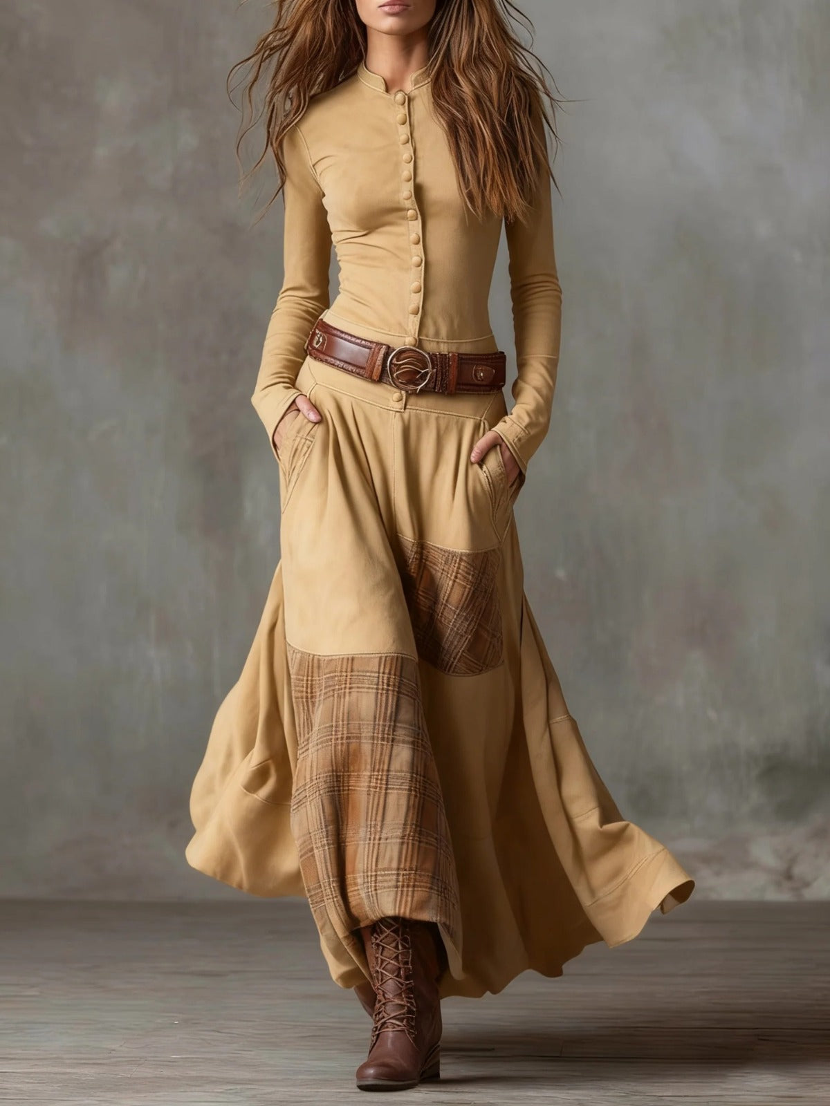 Plaid Patchwork Button Front Long Sleeve Maxi Dress