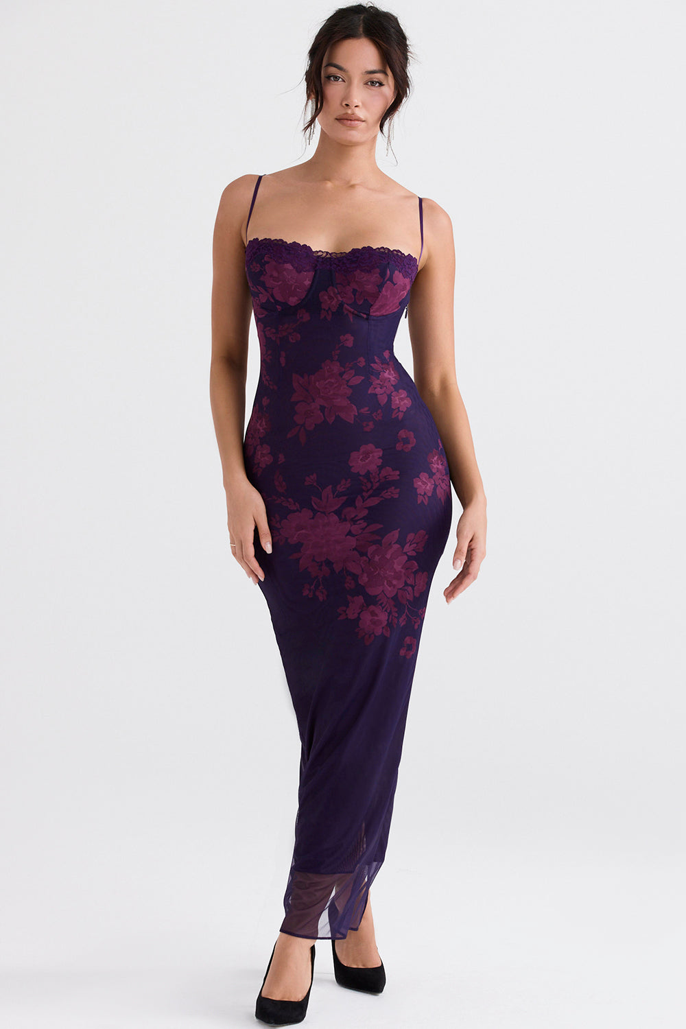 Floral Print Mesh Lace Trim Sweetheart Cami Bodycon Maxi Dress