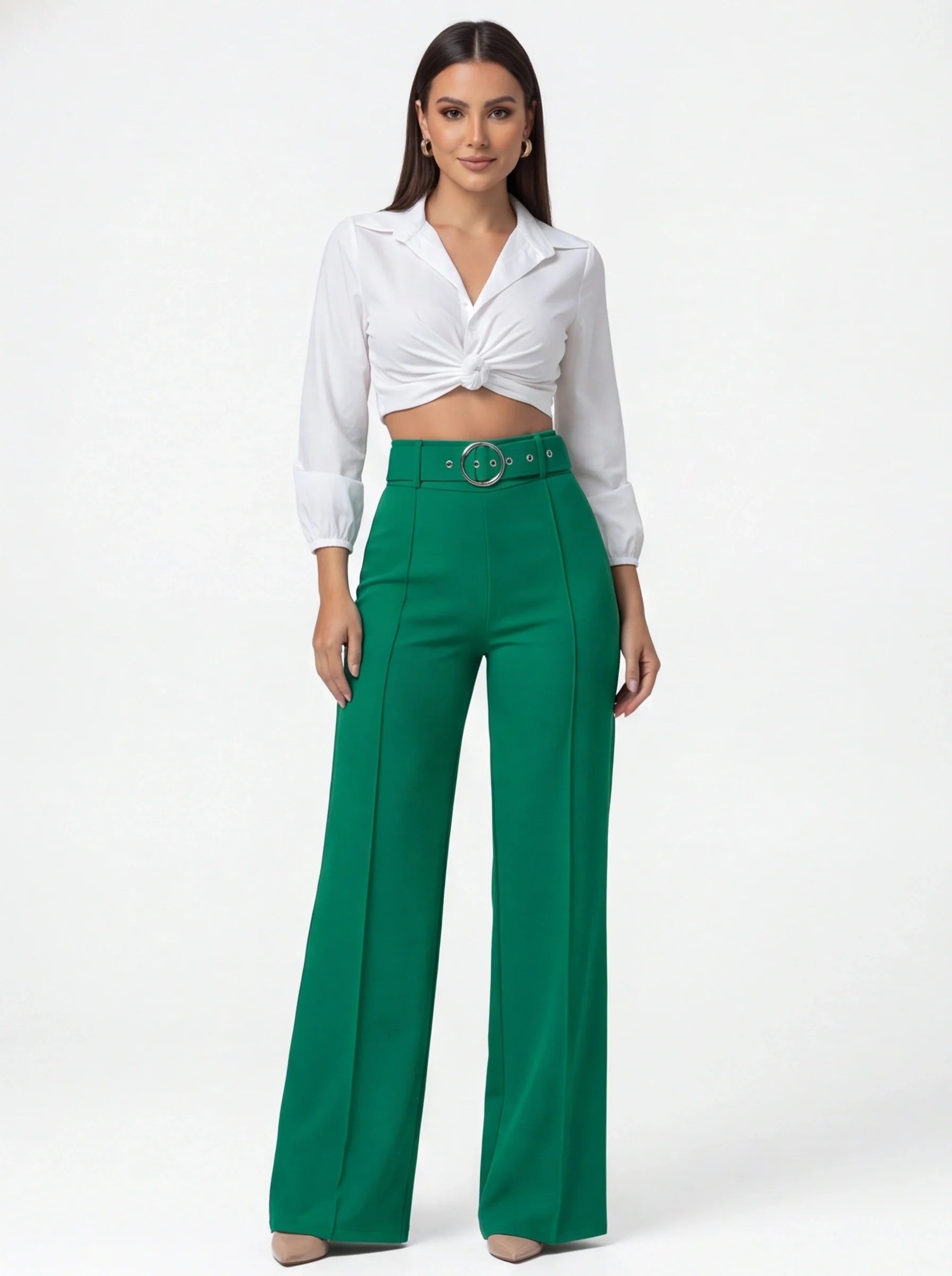 Work Pants High Waist Straight Leg With Metal Button Detail