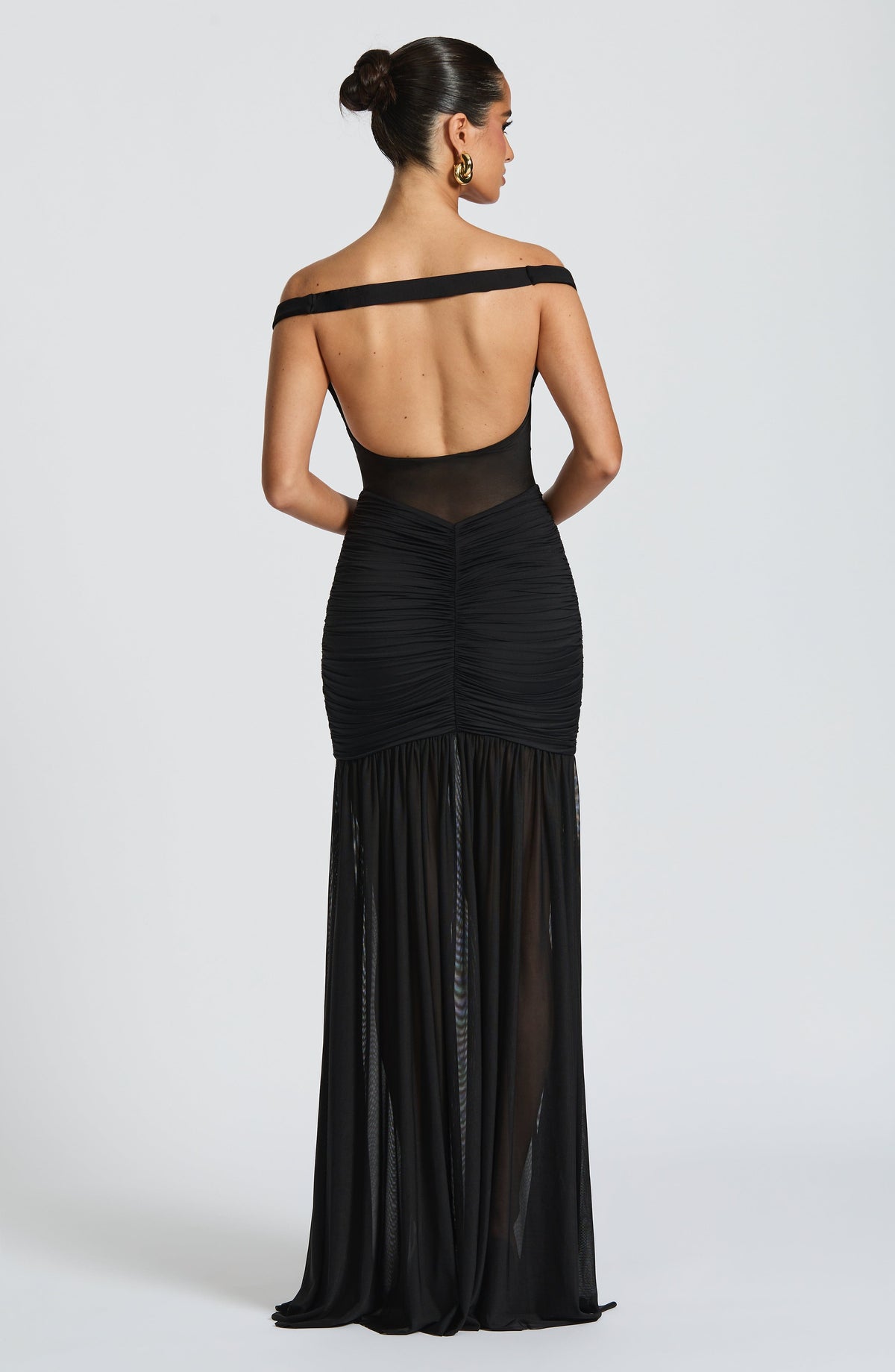Off Shoulder Sheer Mesh Corset Ruched High Split Maxi Gown 4
