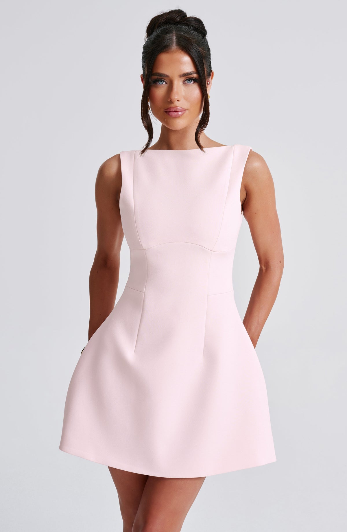 Boat Neck Sleeveless Seamed Bodice Structured Puff Skirt Mini Dress 4