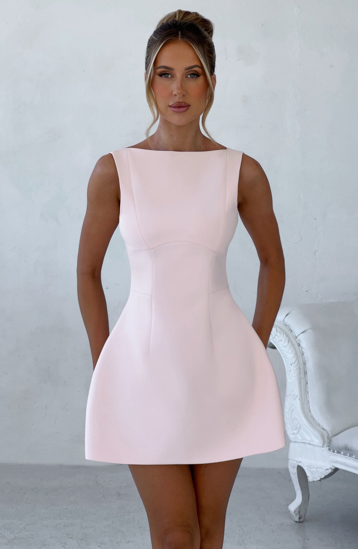 Boat Neck Sleeveless Seamed Bodice Structured Puff Skirt Mini Dress