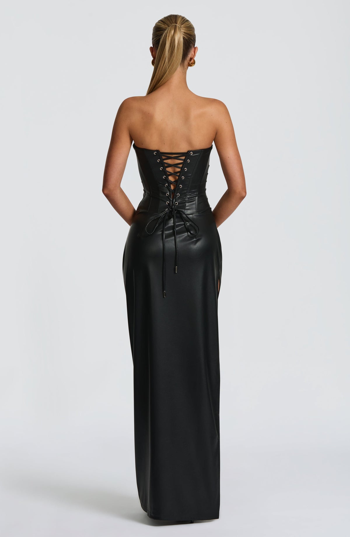 Faux Leather Strapless Corset Ruched High Split Maxi Dress 3