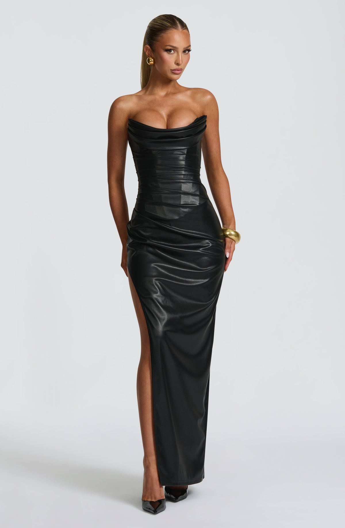 Faux Leather Strapless Corset Ruched High Split Maxi Dress 9