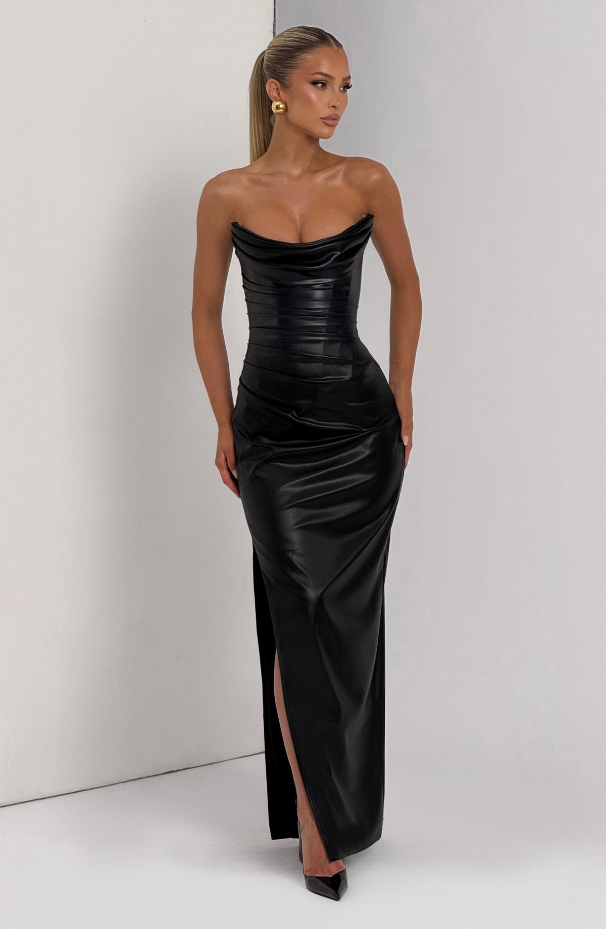 Faux Leather Strapless Corset Ruched High Split Maxi Dress 8
