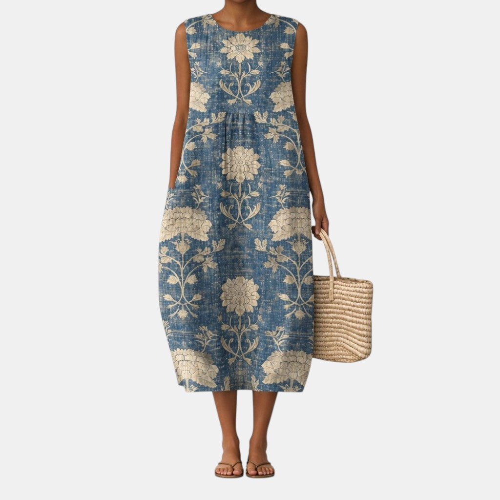 Floral Round Neck Sleeveless Pleated Waist Midi Dress