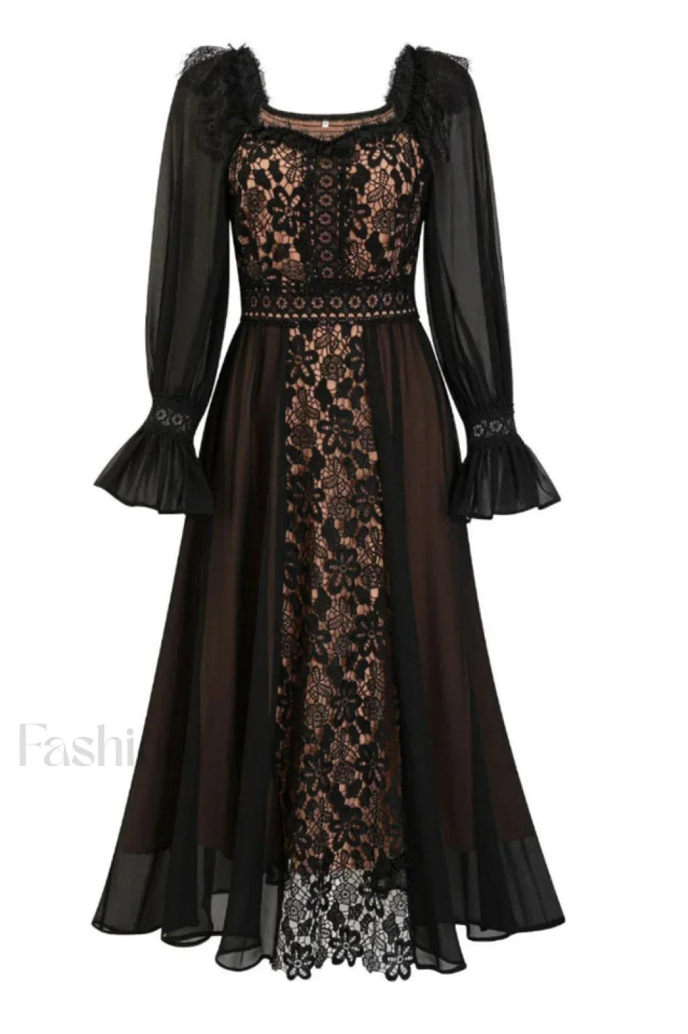 Aliana Floral Hollow Charming Long Sleeve Dress S / Black