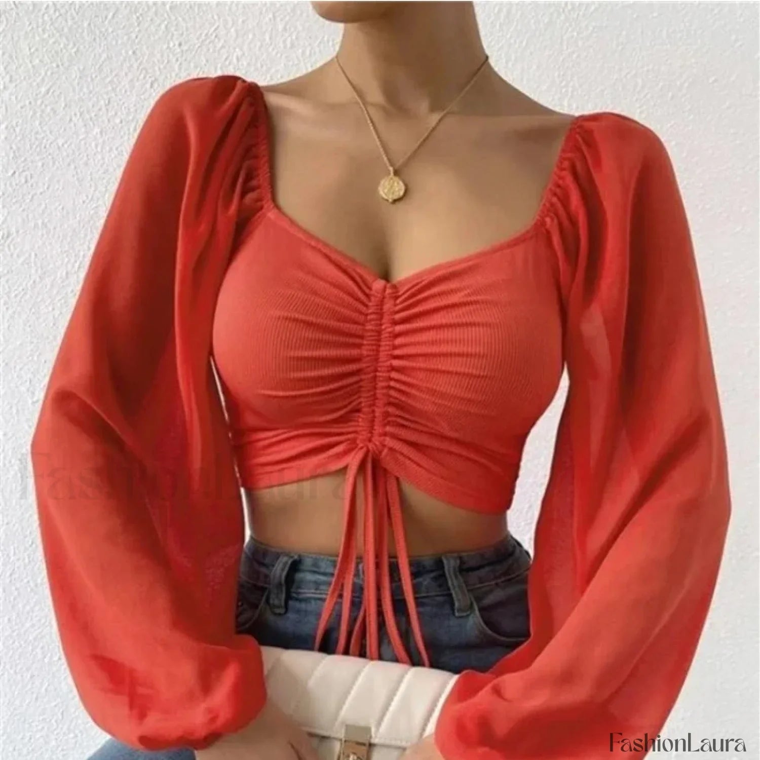 ALLUKASA Sexy Mesh Lantern Sleeve Crop Top