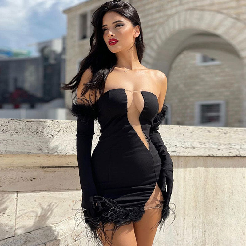 Strapless Plunge Cut Out Feather Trim Bodycon Mini Dress with Gloves