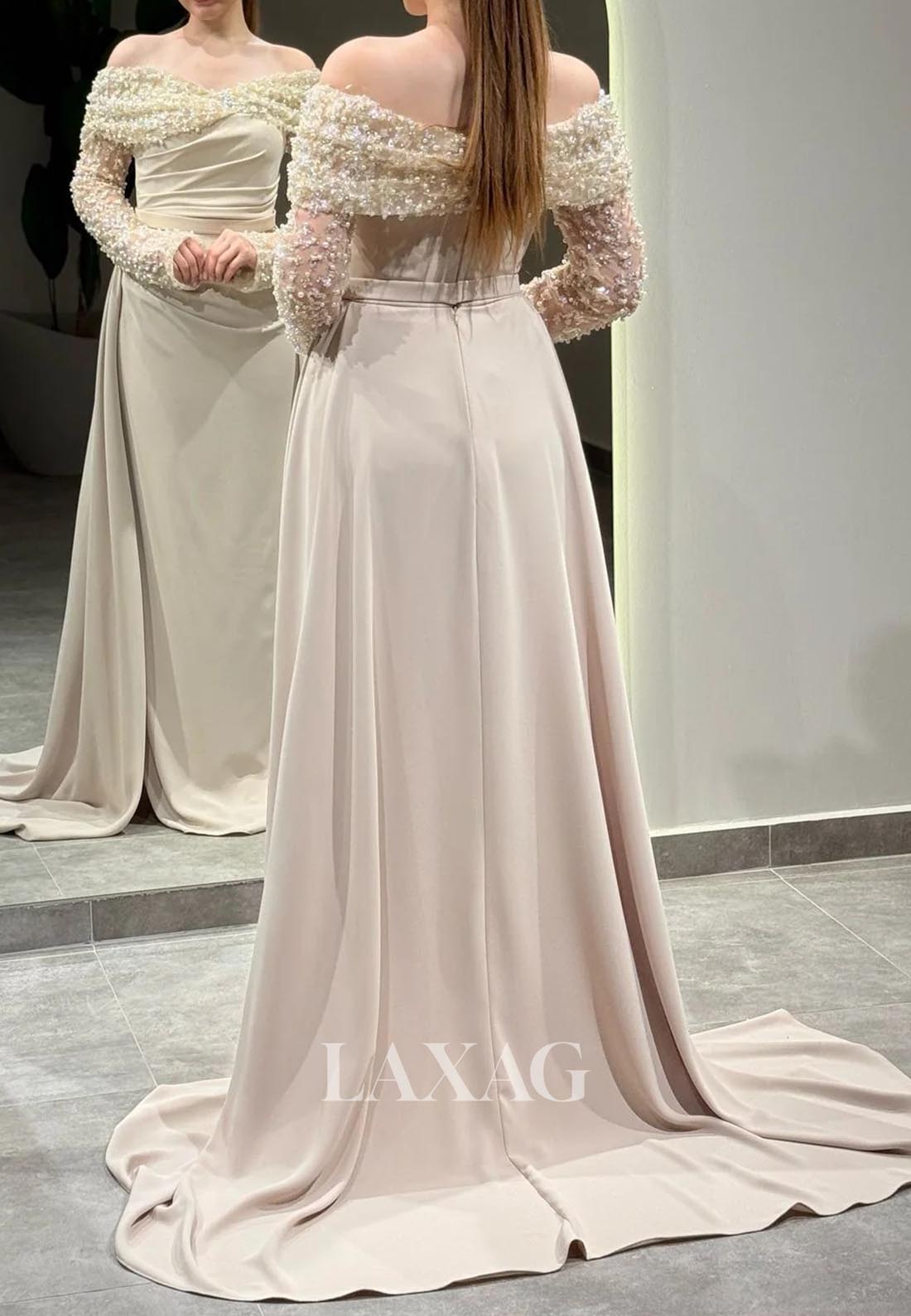 Sweetheart Long-Sleeves Beaded Formal Gowns Pleated Sweep Train Mermaid Evening Dress
