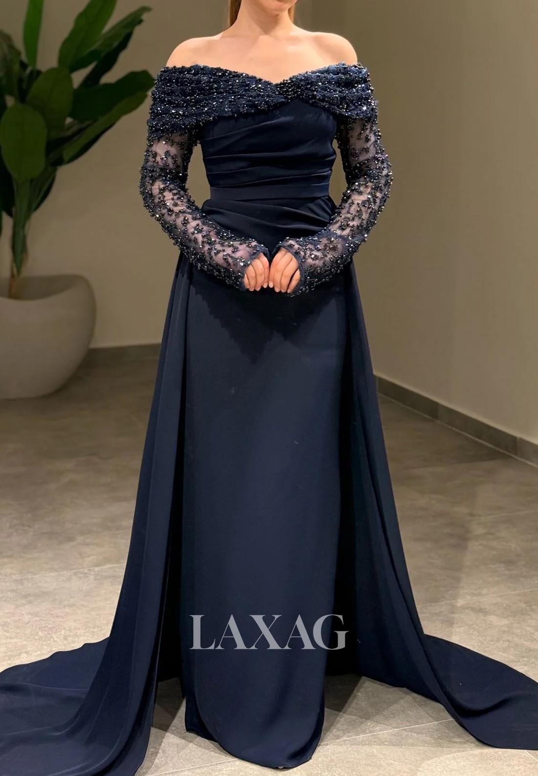 Sweetheart Long-Sleeves Beaded Formal Gowns Pleated Sweep Train Mermaid Evening Dress